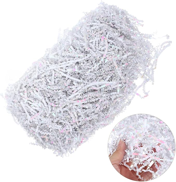 TEHAUX Colorful White Raffia Paper Shred Basket Filler 100g Pack, Crinkle Wrapping Box Filler for Packaging, Decorative Basket Stuffing for Presents and Crafts