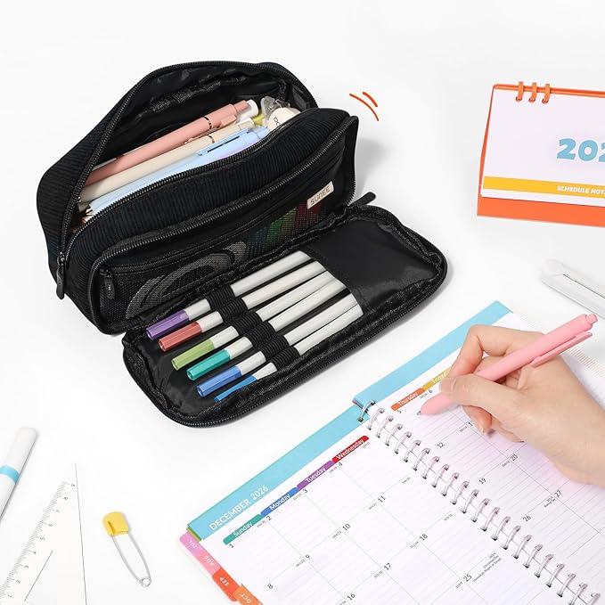 SUNEE Pencil Case, Large Capacity Pencil Pouch, Aesthetic Big Pen Bag, Soft Corduroy Pen Box for Office Stationery Organizer School Supplies Multifunctional for Teen Boys Girls Women Men, Jet Black