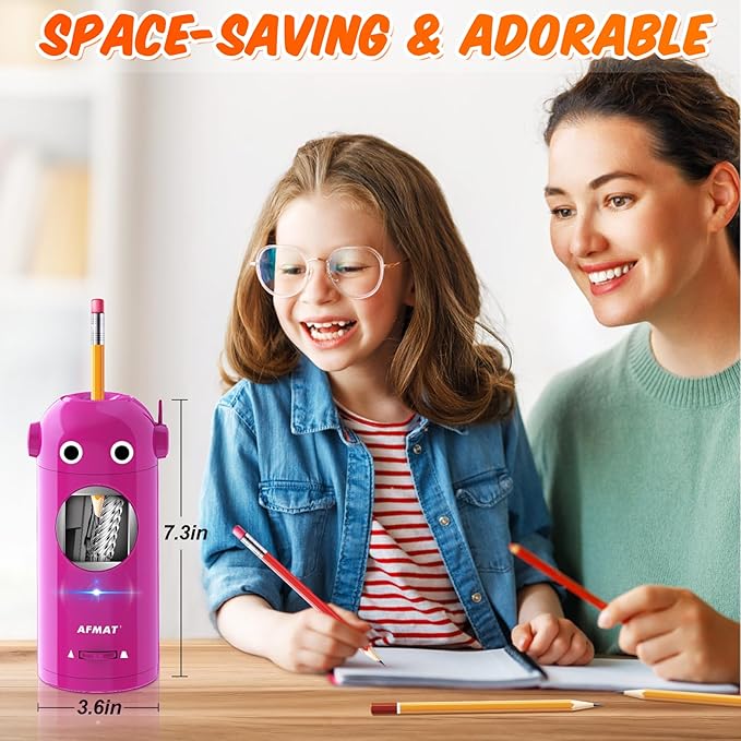 AFMAT Electric Pencil Sharpener for Colored Pencils 7-11.5mm, Fully Automatic Robot Pencil Sharpener, Auto in & Out, Rechargeable Hands-Free for Classroom/Home/Office, Battery Operated, PSX5RB, Pink