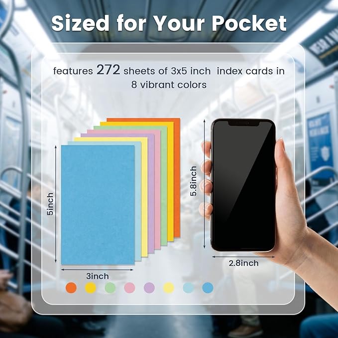 Koogel Index Cards 3x5 Inch, 272Count, Colored Flash Card for Studying, Heavy Weight Notecard Note Taking for School Students College Office Teachers, Home, Supplies, Blank, 8 Assorted Colors