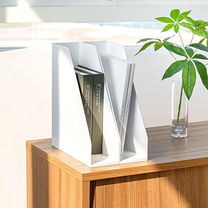 carrotez Open Front Magazine File Holder, Plastic Magazine Rack, Vertical File Organizers for Desk, Office Organization Essentials, 10.8" x 3.7" x 12.6" - 2 Pack, White