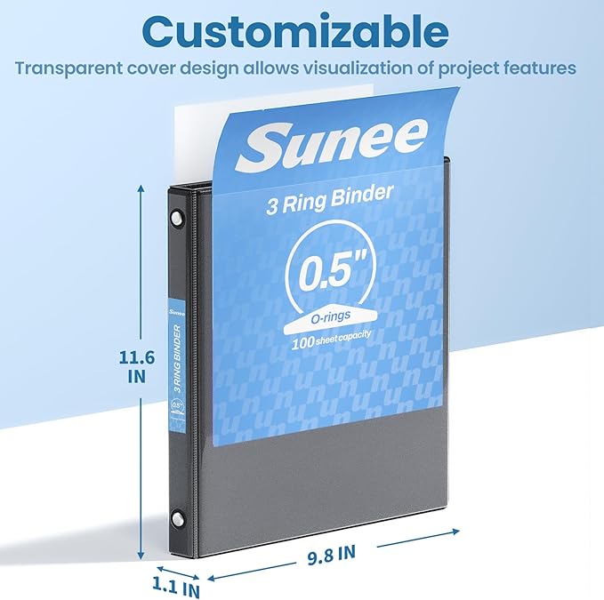 SUNEE 3 Ring Binders 1/2 Inch 12 Pack, Clear View Three Ring PVC-Free (Fit 8.5x11 Inches) for School or Office Supplies, Black