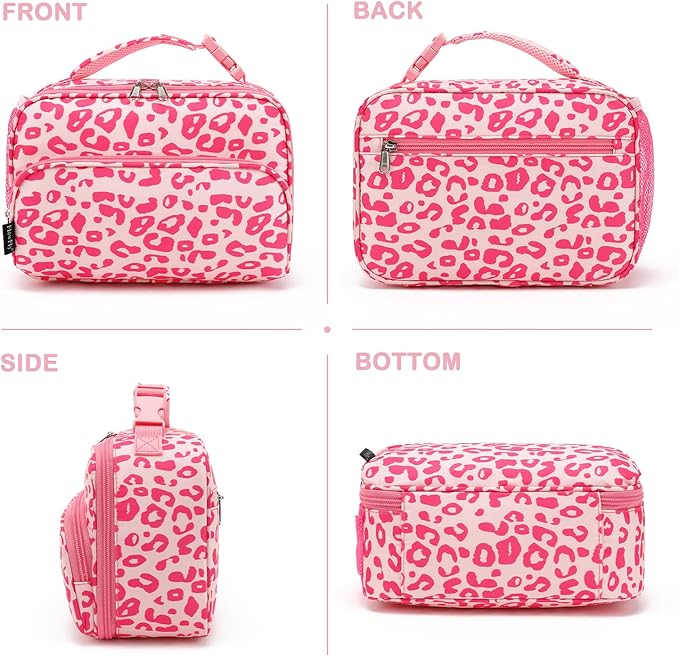 FlowFly Kids Lunch box with buckle Insulated Cooler Back to School Thermal Meal Tote Kit for Girls, Boys, Pink Cow