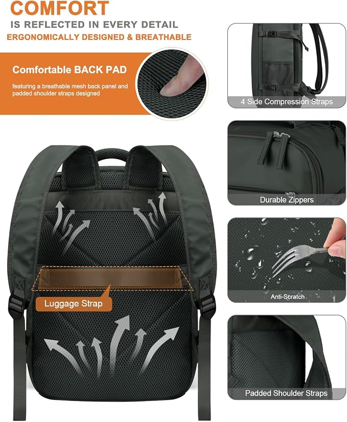 Capolo Travel Backpack for Women Men Waterproof Laptop Backpack Airlines Approved Carry On Backpack Bag Computer Bookbag for Business, Work, Traveling Fits 17 Inch Laptop(Green)