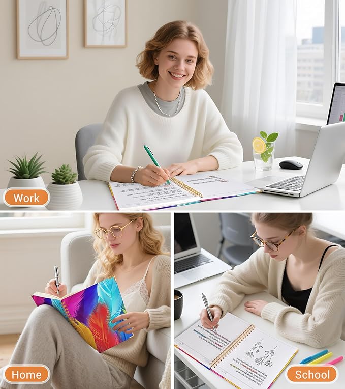 Lined Spiral Notebook Journal for Women, 150 Pages Cute Notebooks 5.75” x 8.38”, A5 Hardcover Spiral Journals with 100 GSM Thick Paper, College Ruled Notebook for Writing Work School, Colorful Feather