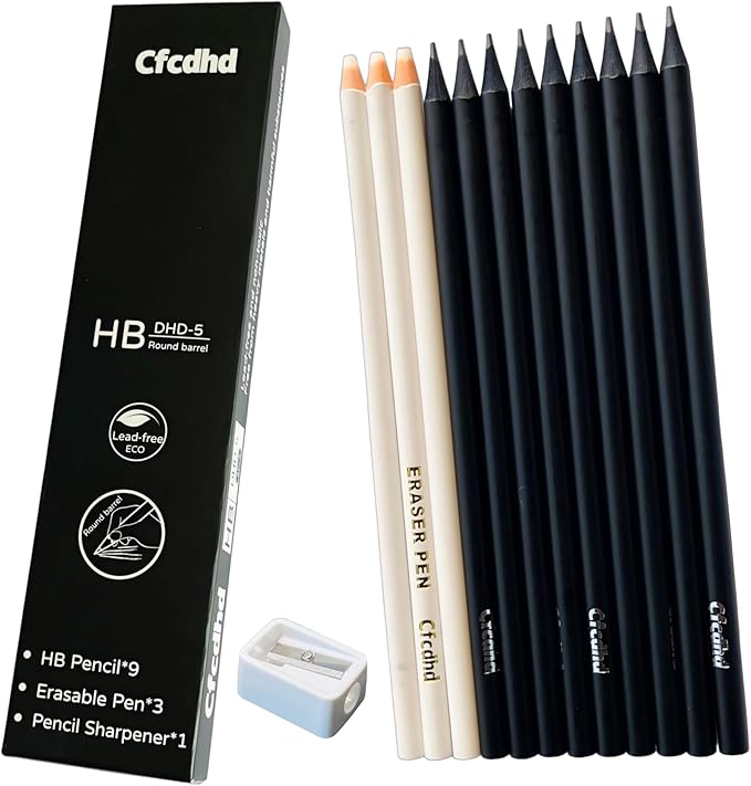 9 Pack HB Pre-Sharpened Wooden Graphite Pencils with 3 Pen Erasers & 1 Sharpener, Ideal for Writing, Drawing & Sketching, Perfect for Students, Adults, Artists, Kids & School Office Use