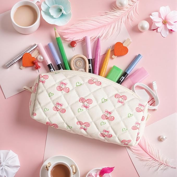 Cute Quilted Pencil Case for Girls Women, Aesthetic Small Floral Pencil Pouch,Slim Soft Pencil Bag for School Supplies Makeup Pouch for School & Daily Use (Cherry Heart)