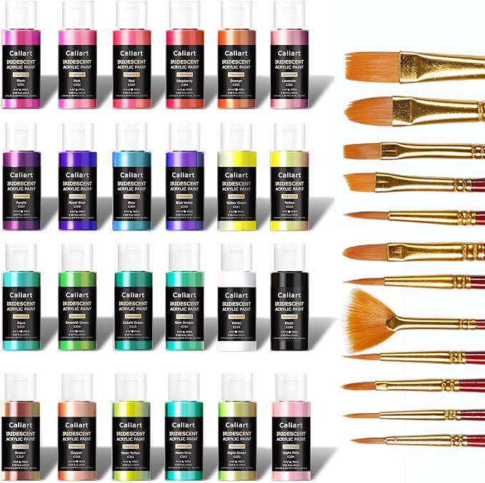 Caliart Iridescent Acrylic Paint, 24 Chameleon Colors in 59ml/2oz Bottles with 12 Brushes, Art Craft Paints Color-shifting for Adults Artists Beginners, Canvas Ceramic Wood Rock Painting Kit