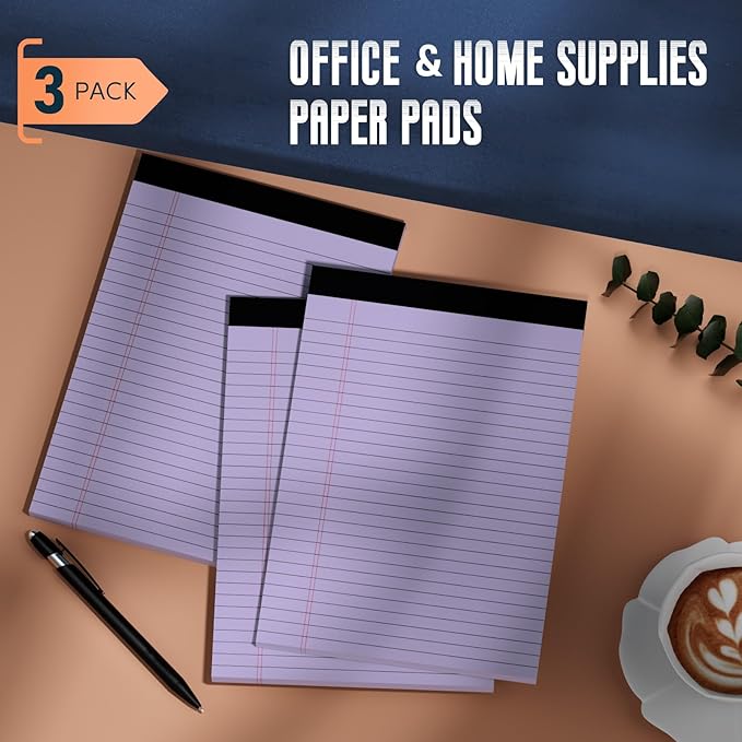 Purple Legal Pad 8.5 x 11 Wide Ruled Note Pads, 3 Pack Notepads 8.5 x 11 Lined Paper Wide Ruled Writing Pad, 30 Sheets Per Note Pad, Micro Perforated Colored Legal Pads for Work/School/Office