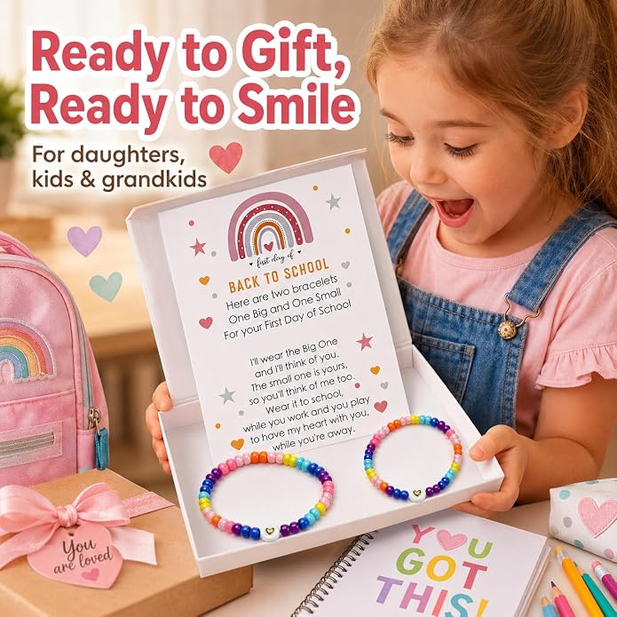 Back to School Bracelets Heart Matching Mommy and Me Elastic Wish Strings Bead Bracelets First Day of School Supplies Gifts