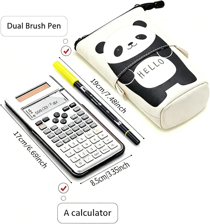 Sooez Standing Pencil Case, Cute Stand up Pencil Pouch, Telescopic Pen Pouch, Portable Pencil Holder, Spacious Pencil Pouch Bag for School Office Supplies, 7.5''x3.07'', Beige Panda