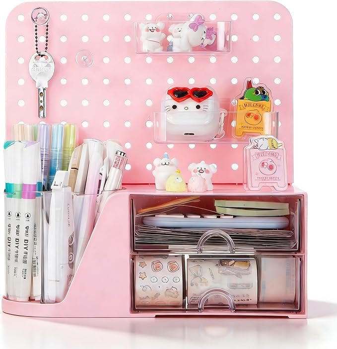 Comix Desk Organizer with Drawer, 360° Rotating Pen Holder for Desk, Pen Organizer with 5 Slots Pencil Holder+Pegboard+2 Drawer for Office Home Art Supplies (Pink)