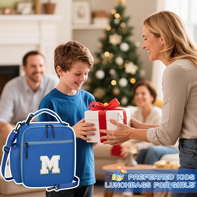 Initial Insulated Lunch Bag for Boys Kids, Back to School Gift, Reusable Leak-proof Lunch Box with Adjustable Strap for School Daycare Travel Picnic(Blue,M)