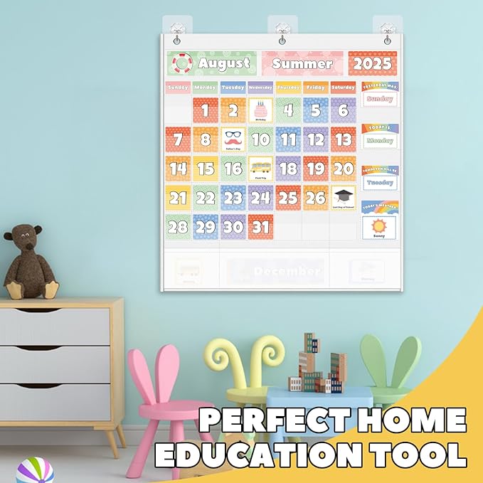 All-in-One Calendar Pocket Chart for Morning Meeting - Interactive Preschool Learning Board with Days, Dates, Months, Seasons & Weather Display (Bright Rainbow,Homeschool/Daycare)