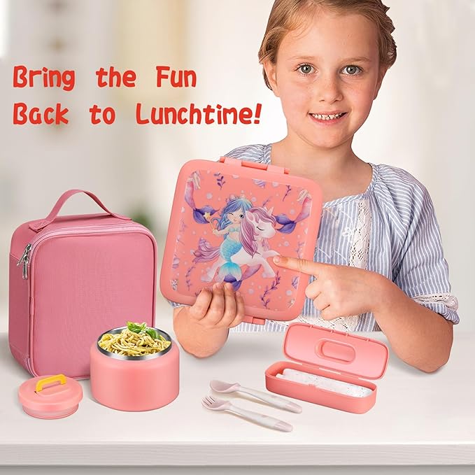 JXXM Bento Lunch Box for Kids With 8oz Soup Thermo,Leak-proof Lunch Containers with 5 Compartment,Thermo Food Jar and Lunch Bag, Food Containers for School (A-Pink(Unicorn - Mermaid))