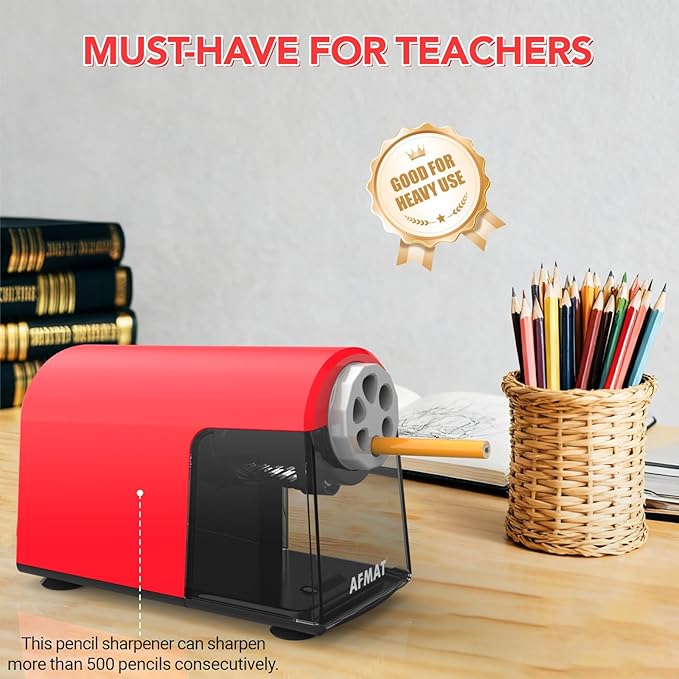 AFMAT Electric Pencil Sharpener Heavy Duty, 6 Holes, Cordless & Rechargeable, Fast Sharpen, Auto Stop, 10K+ Uses, Classroom Pencil Sharpener for 6-11mm No.2/Large/Colored Pencils PSD2(Red)