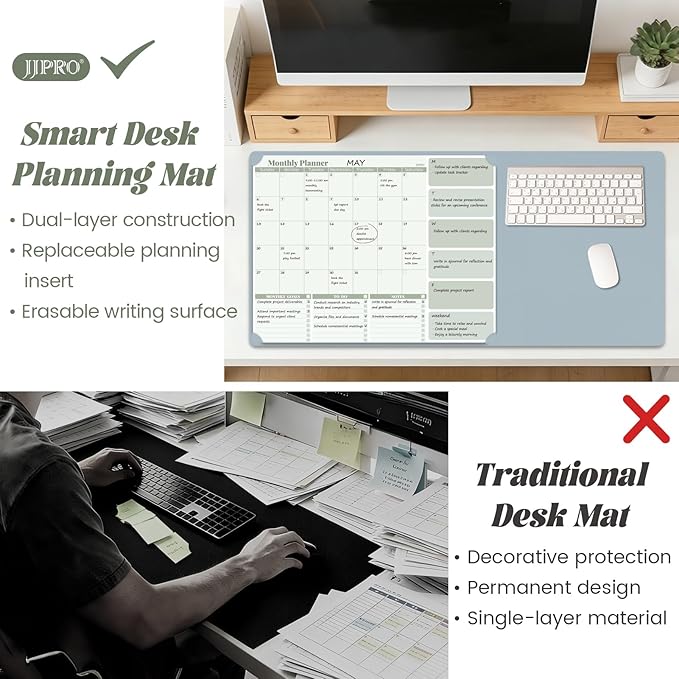 JJPRO Dual-Layer Sage Green Dry Erase Desk Mat,Large Multi-Use Dry Erase Desk Calendar, Erasable Desk Mat,Double-Sided Faux Leather Desk Pad,Reusable Desk Writing Board for Office, Home-16"x34"