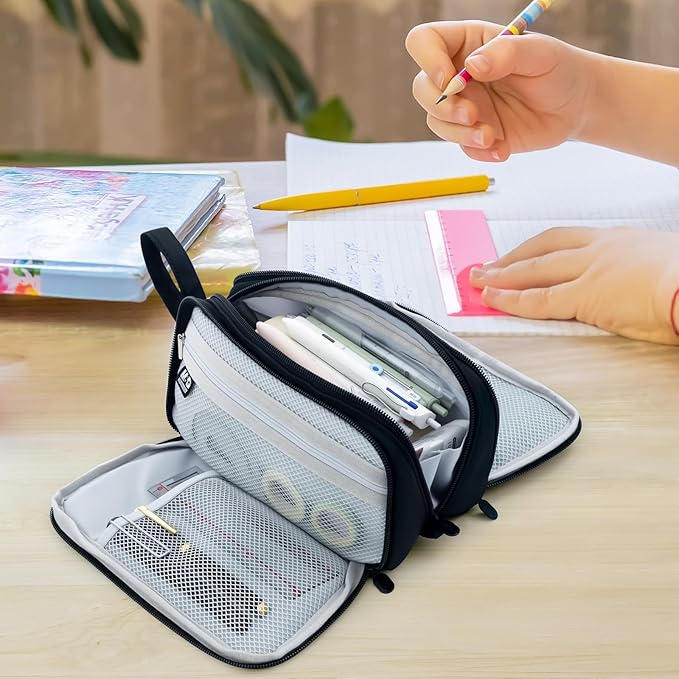 M&G Large Pencil Case, Big Capacity Pencil Pouch with 3-layer Compartment, Portable Handheld Pencil Bag, Cute School Stationery Organizer for Boys Girls Men Women, Ideal for Office School