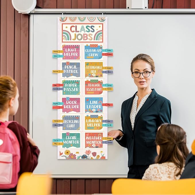 Pasimy Class Jobs Pocket Chart Class Helpers Pocket Chart Classroom Jobs Cards with Clips and Hooks Teacher's Helper Bulletin Board Set for Back to School Classroom Teacher Supplies (Rainbow)