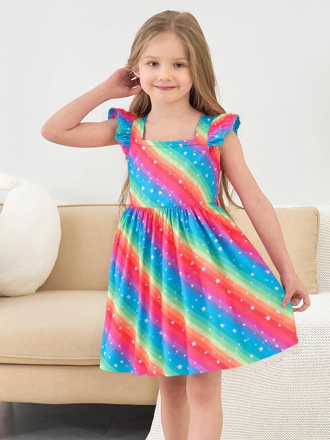 Popshion Girls Dresses Flutter Sleeve Swing Sundress Toddler Summer Clothes Kid Birthday Party Sleeveless Dress 1-8 Years Old