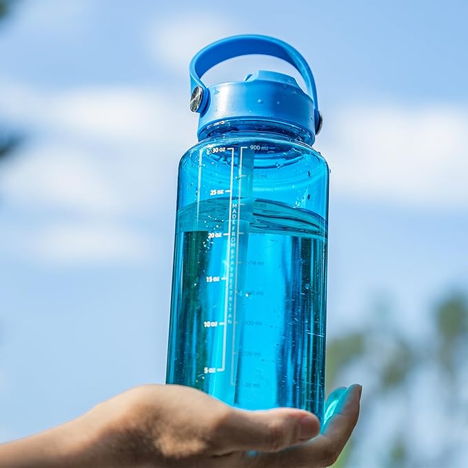 OLDLEY 32 oz Clear Water Bottle with Straw,Tritan BPA-Free, Wide Mouth, Leak Proof - for Gym, Travel, Home, School, Office (Blue)