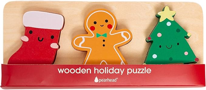 Pearhead 3 Piece Set Wooden Holiday Puzzle, Kids Christmas Toy, Stocking Stuffer for Children, Holiday Ideas