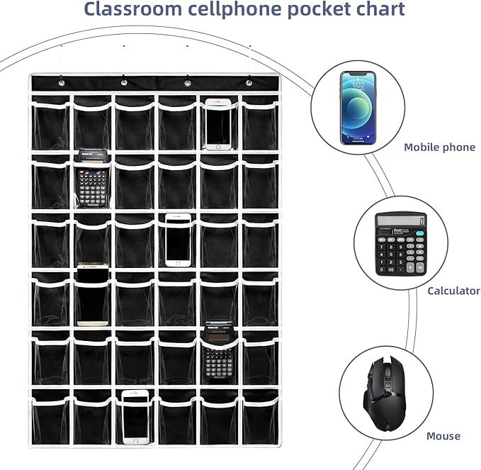 ANSTROUT 36 Clear Pockets Classroom Pocket Chart for Cell Phones,Pocket Chart Organizer for Calculator Holder with 36 Number Sticker Classroom Hanging Cell Phones Organizer (Black)