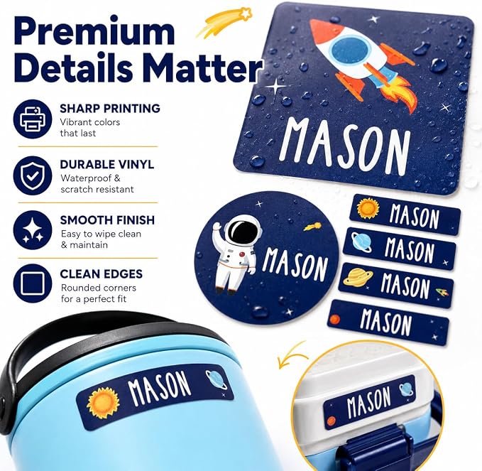 Andaz Press Custom Personalized Waterproof School Name Labels, Outer Space 120-Pack, Kids Labels Combo Pack Customizable Name Stickers Personalized School Supplies Camp Label Daycare Stickers