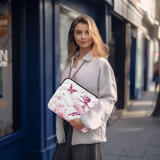 Butterfly Floral Fairy Laptop Sleeve Case Quilted Slim Bag with Smooth Zipper, Fits MacBook Pro/Air and 13-16 Inch Laptops, Protective Lightweight Office and Travel Briefcase