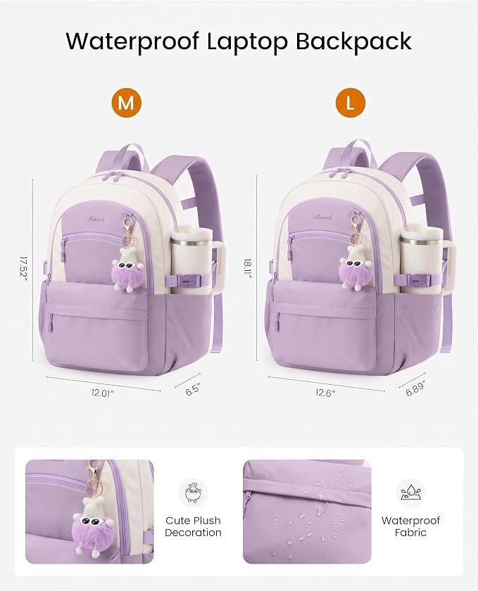 LOVEVOOK School Backpack for Teen Girls & Women, 35L Large Laptop Backpack with 40oz Water Bottle Pocket, Waterproof Cute College Bookbag, Student Backpack for Middle High School Travel Work Purple
