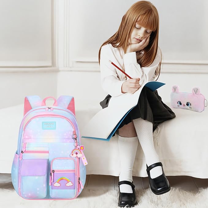 Jcobvig Rainbow Backpack For Girls Kids,Cute Student School Backpack With Pen Bag,Aesthetic Starry Rainbow Laptop Travel Bag