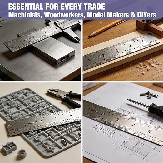 12 Inch Machinist Ruler Set - 2 Pack Stainless Steel Precision Double Sided Ruler with 1/64, 1/32, 1/16 & 1/8 Inch Graduations, Etched Markings - for Engineers,Woodworking and DIY (2, 12 Inch)