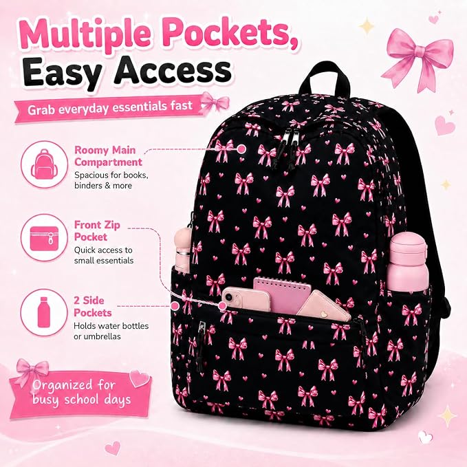 LOIDOU Backpack for Girls School Backpacks Bookbags for Elementary Middle School Women Laptop Backpacks (Bow Tie Black, L-17)