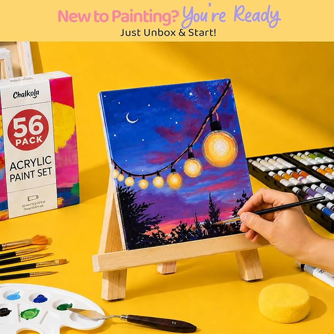 Chalkola Acrylic Paint Set for Adults & Kids - 56 Pcs Canvas Painting Kit with 32 Paints (22ml), 10 Brushes, 10 Canvases, Tabletop Easel, Palette, Knife - Professional Craft & Art Painting Supplies