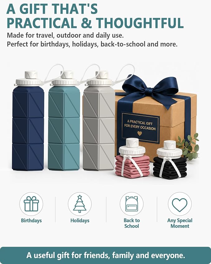 BEAUTAIL Collapsible Water Bottles 21oz/610mL, Silicone Travel Water Bottle | BPA Free, Leakproof & Reusable, Foldable Water Bottle for Traveling, Hiking, School, Sports, Outdoor, 2-Pack, Blue+Starlight