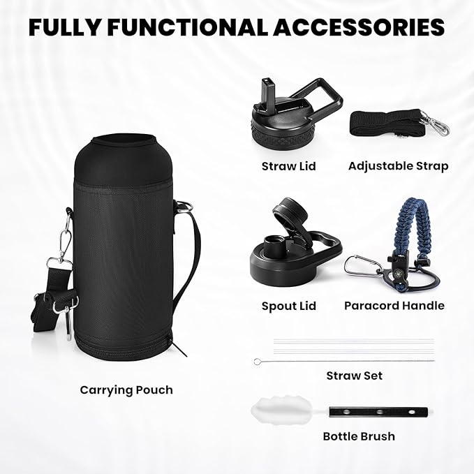 RAYMYLO Insulated Water Bottle 32 oz, Triple Wall Vacuum Stainless Steel (Cold for 24Hrs, Hot for 12Hrs), Leak Proof & Non-BPA, Modern Water Flask Jug with Paracord Handle & Straw Spout Lids