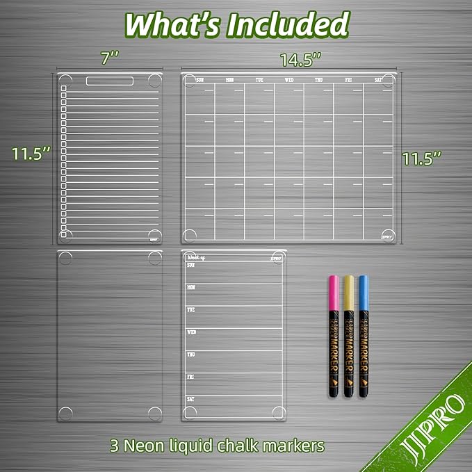 JJPRO Non-Magnetic Dry Erase Monthly Calendar for Fridge-Clear Monthly Calendar, Weekly Planner, List and Blank Board. Clear Reusable Calendar Stick to Fridge,Cabinet,Door&Glass