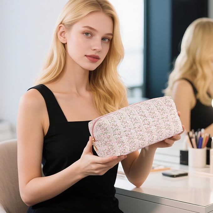 3PCS Makeup Bag Travel Toiletry Bag for Women, Small Cosmetic Bags Aesthetic Organizer Quilted Cotton Makeup Pouch & Purse Emergency Bag Floral Pencil Case Accessory Bag, Pastel Pink
