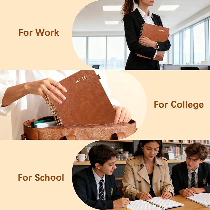 Hardcover Spiral Notebooks for Work 8''x 10'', 300 Pages 5 Subject Notebook with Dividers & Tabs, B5 Spiral Journal for Women, College Ruled Notebooks for School Note-Taking (Light Brown)