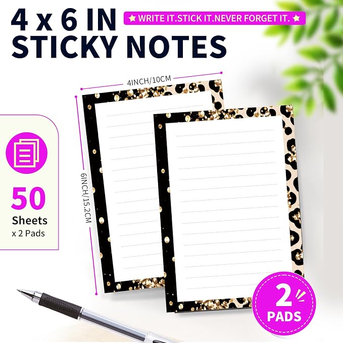 Lined Sticky Notes 4x6 in, 2 Pack Large Cute Notepads with Lines Self-Stick Note Pad, Funny Memo Pads Strong Adhesive for Office, Home Luxury Leopard
