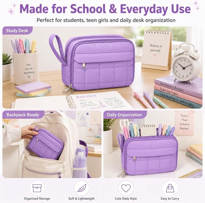 Puffer Quilted Pencil Pouch for Women, Large Capacity Organizer Bag with Multiple Compartments, Cute Aesthetic Pencil Case for Office, Travel & Daily Essentials (purple)