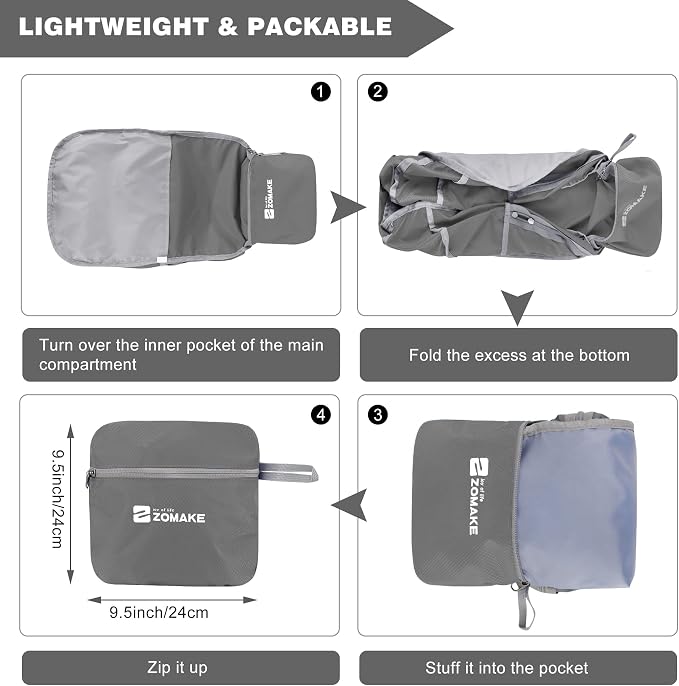 ZOMAKE Lightweight Packable Backpack 35L, Foldable Backpacks Water Resistant Collapsible Light Daypack for Hiking(Medium Grey) | Light Hiking Backpacks Water Resistant Collapsible Day Pack for Travel, Everyday Carry, Multi-Pocket Layout, Heavy Duty Nylon
