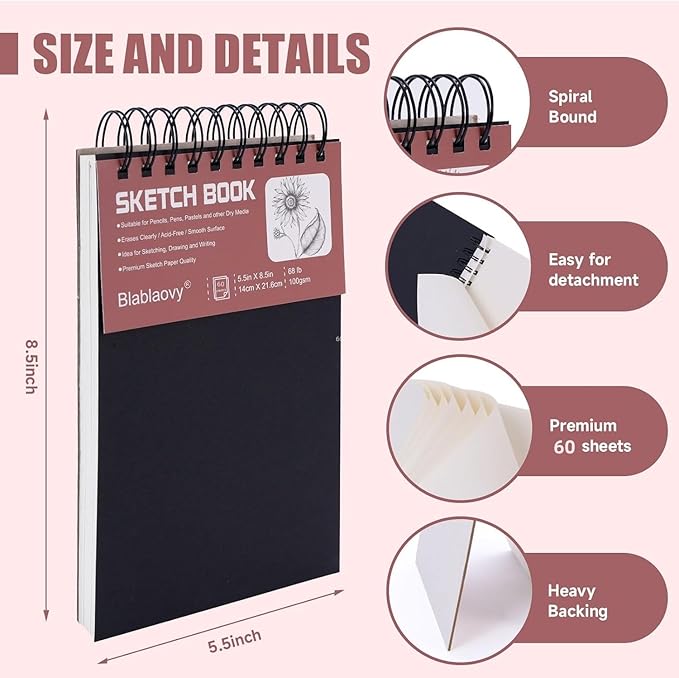 Sketch Book, 5.5" x 8.5" Sketchbook with 60 Sheets (68lb/100gsm), 1 Pack Drawing Pad Acid Free Drawing Book Sketch Pad forAdults Beginners Artists (1)
