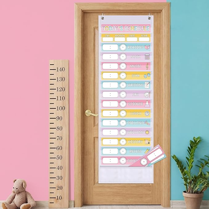 Pasimy Daily Schedule Pocket Chart for Classroom 15+1 Pockets with 31 Double Sided Reusable Cards 2 Magnetic Erasable Pens & Hangers Visual Schedule Chart School Office Home Decor (White,Pastel)