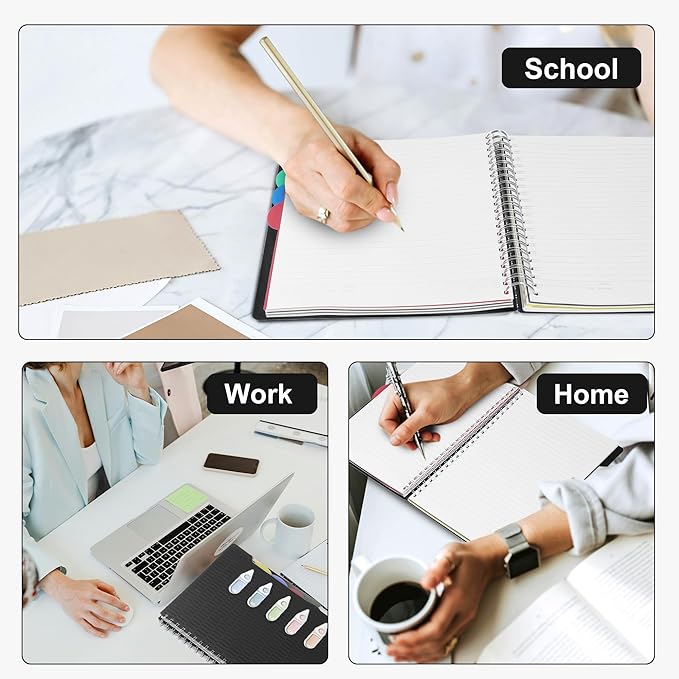 CAGIE 5 Subject Notebook with Dividers, A4 Spiral Notebook 8.5 x 11, 240 Pages Wide Ruled Notebook College Ruled, Large Hardcover Notebook for Note Taking for Work, School, Office, Black