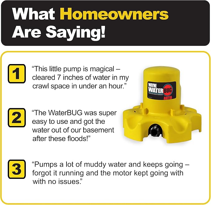 WAYNE - WaterBUG AUTO 1/4 HP 1900 GPH Auto On/Off Submersible Pump with Multi-Flo Technology - Water Removal and Transfer Pump, Yellow | Auto On/Off Switch, Drains to 1/2" Surface, 23 ft. Max Head, Debris-Filtering Strainer, Fits Standard Garden Hose