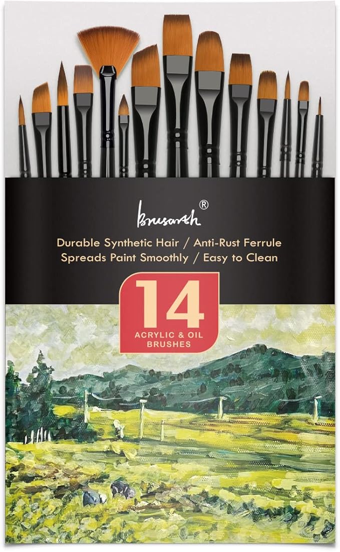Brusarth Paint Brushes Set, 14 PCS Artist Brush for Acrylic Oil Watercolor Gouache Artist Professional Painting Kits with Synthetic Nylon Tips