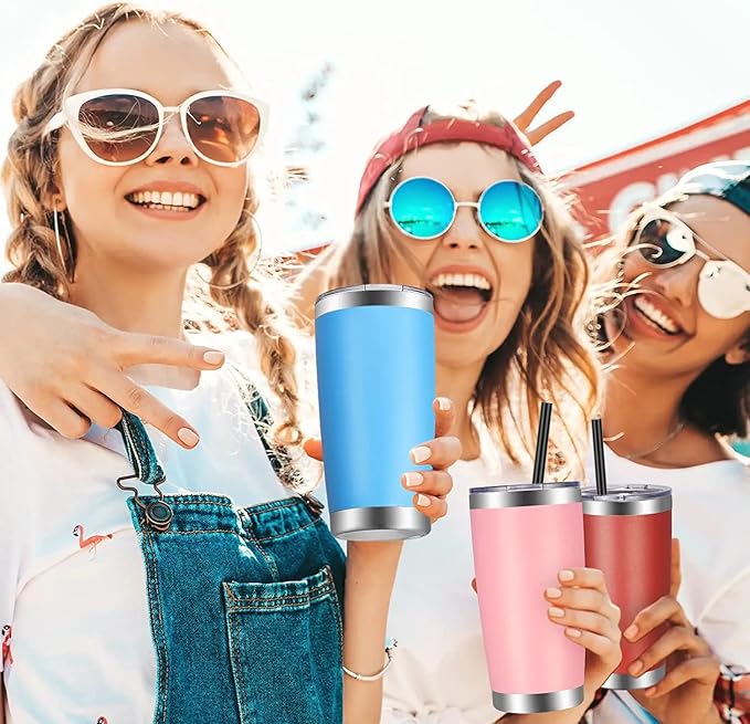 VEGOND 20oz Tumbler with Lid and Straw Stainless Steel Tumbler Cup Bulk Vacuum Insulated Double Wall Travel Coffee Mug Powder Coated Coffee Cup, Sky Blue, 6 Pack