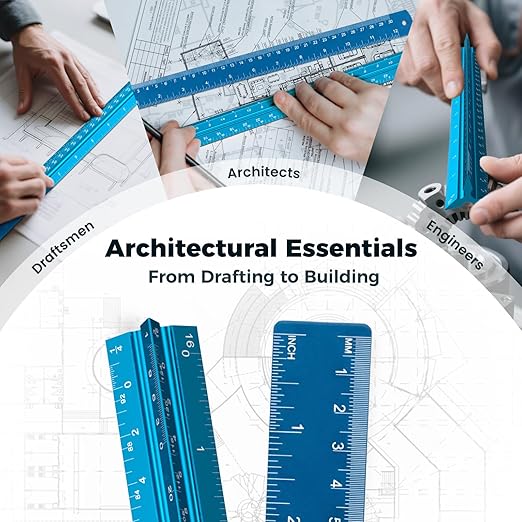 Rena Chris 2PCS Architectural Scale Ruler: 12" Imperial Aluminum Triangular Scale Ruler, Laser-Etched Architecture Ruler, Drafting & Architect Ruler for Architects, Students, Draftsman(Blue)