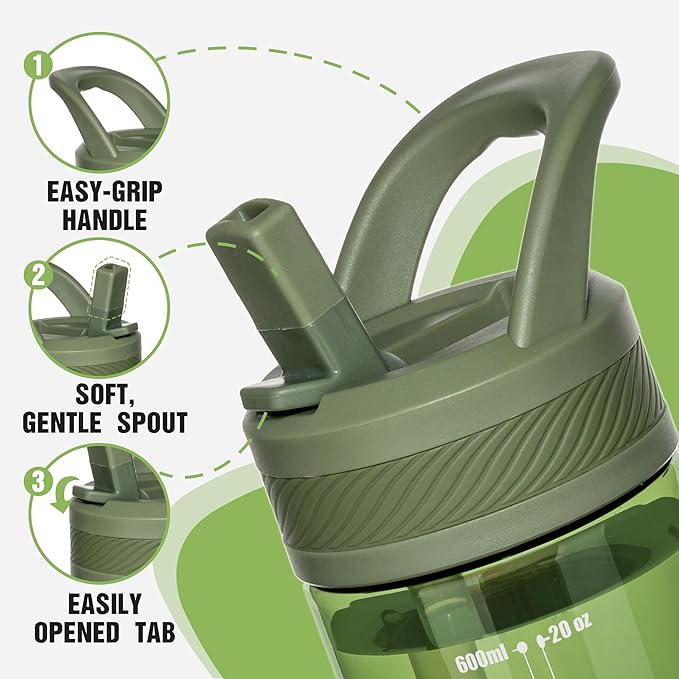 OLDLEY 20oz Kids Water Bottle with Straw, BPA-Free Tritan Water Bottle for School, Leakproof Clear Water Bottle with One Click Open, Measurement Scale, Cup Holder Friendly for Boys Girls,Army Green